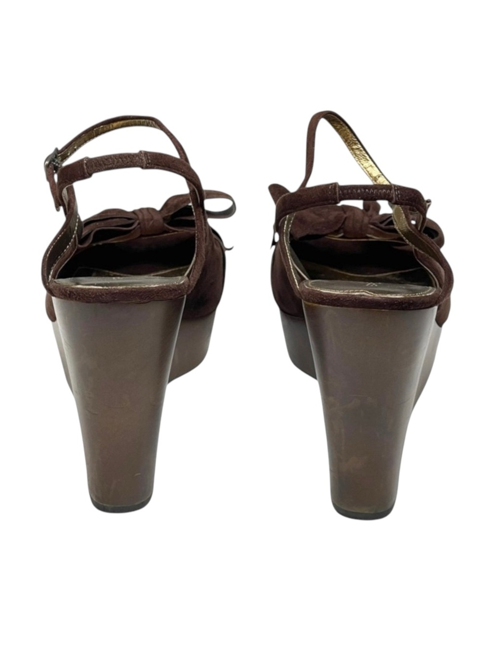new Via Spiga ✽ Wood Wedge Platform Heel Bow Sandals ✽ Chocolate Suede ✽ 10.5M ✽ - Picture 6 of 16